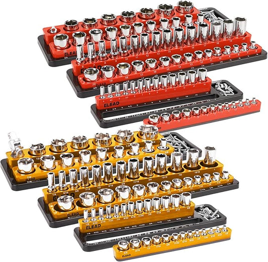 ELEAD Magnetic Socket Holder Organizer Set - 6-Piece Durable 1/2, 1/4, 3/8 Inch Drive Holder, Tool Box Storage Tray for Wrench, Screwdriver, Mechanic Tools, Portable Toolbox Accessory