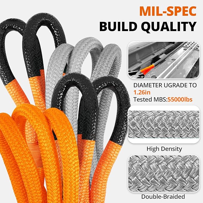 Kinetic Recovery Tow Rope: 1.26" x 30ft 55000LBS Snatch Strap Heavy Duty Offroad Towing Straps Kit for Trucks SUV UTV ATV Tractor Car Jeep - Orange