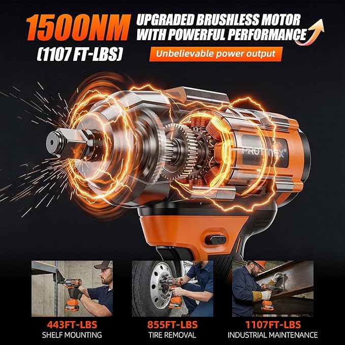 Protmex 1107Ft-lbs(1500N.m) Impact Wrench, 1/2" Cordless Impact Driver, Brushless High Torque Impact Gun with 21V 2x4.0Ah Battery, Power Motor Variable Speeds for Car/Mower/Pickup Truck