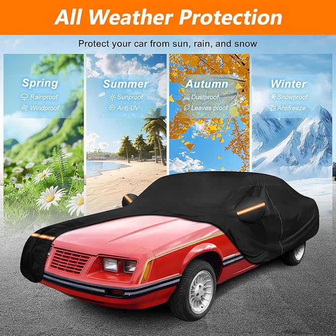 Car Cover for Ford Mustang 1979-1993, Waterproof 420D Oxford Cloth and Cotton Cover Outdoor Full Car Covers with Zipper Windproof Heavy Duty All Weather Protection