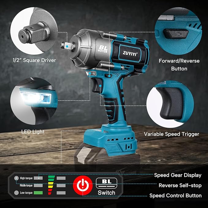 1/2" Cordless Impact Wrench for Makita 18V Battery(NOT Included), 1000N.m(738FT-lbs) High Torque Power Impact Wrenches, Electric Brushless Impact Gun for Car Tire Truck RV Mower