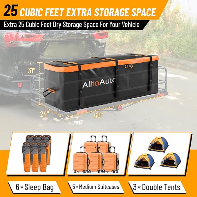 25 CuFt Waterproof Cargo Bag for Hitch Carrier | 60"x24"x31" Trailer Hitch Cargo Carrier | Weatherproof Truck Bed Storage with Straps, Lock & Carry Case | PVC Vehicle Soft-Shell Carriers