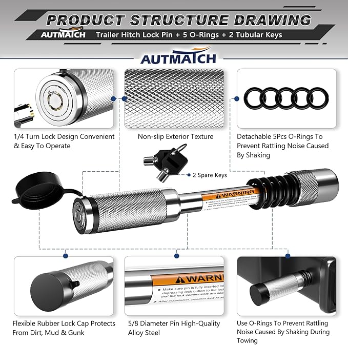 AUTMATCH Trailer Hitch Lock 5/8" - 3" Extra Long Span & Anti-Theft Hitch Locking Pin, Fits Class III IV 2" Receivers, Heavy Duty Towing Lock Pin for Jeep, Trailer, Truck, RV, Bike Rack, Boat, Silver