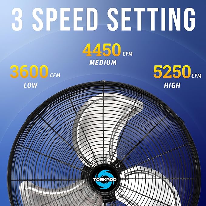 Tornado 20 Inch Pro Series High Velocity Oscillating Wall Mount Fan For Industrial, Commercial, Residential Use 3 Speed 5250 CFM UL Safety Listed