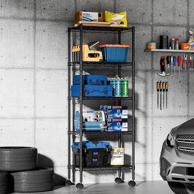 DUMOS 2 Pack 3Tier 5Tier Metal Shelving, Heavy Duty Shelves Wire Shelving Unit with Removable Wheel Casters, Shelves Organizer for Bathroom Garage Living Room Kitchen Pantry Laundry
