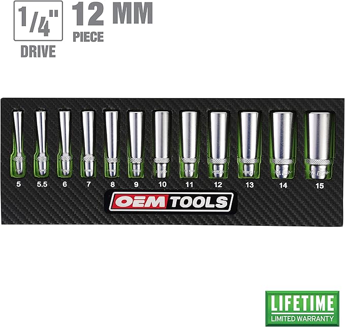 OEMTOOLS 23986 12 Piece Deep 1/4 Drive Socket Set, Deep Socket Set Metric 5-15mm, Heat-Treated Alloy Steel Sockets, Hard Chrome Finish, EVA Tray Storage