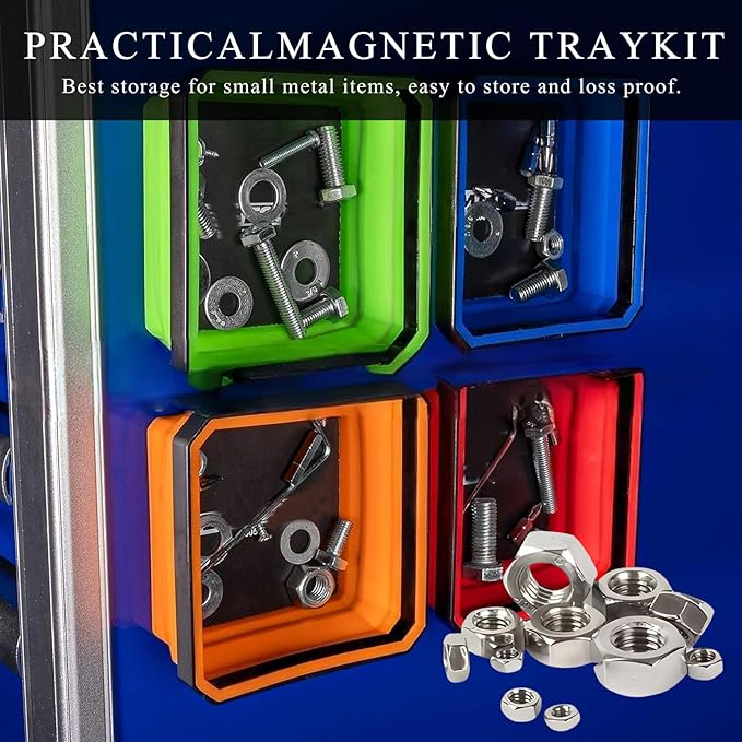 Collapsible Magnetic Parts Tray, 4.5" Square Silicone Tool Tray with Dual-Sided Magnetic Base, Foldable Small Metal Parts Organizer Storage Bowl for Screws Bolts Nuts Washers (Red)