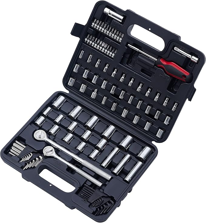 120-Piece Socket Wrench Set with 1/2" & 3/8" Drive Ratchets. Mechanics Tool Kit includes SAE & Metric Sockets, Deep Sockets, Spark Plug Socket, Bits & Hex Keys for Auto Repair, Garage & Gift