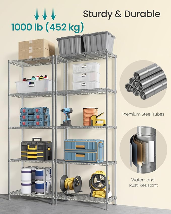 SONGMICS Storage Shelf, Metal Wire Shelving Unit, Adjustable Shelves, for Garage, Bedroom, Living Room, Kitchen, Pantry, 5 Tier, 11.8 x 23.6 x 63.4 Inches, Silver Color ULGR165EA01S