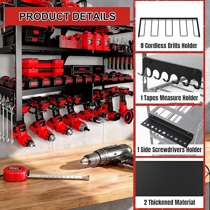 Large Power Tool Organizer Wall Mount, 4 Layer Heavy Duty 8 Cordless Drill Holder Tool Storage Rack, Load 400lbs Utility Power Tool Rack for Garage,Workbench,Workshop,Gifts for Men
