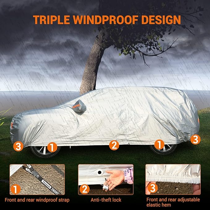 Tecoom Waterproof SUV Car Cover, Fleece Lined Outdoor Winter Cover with Zipper Door & Lock, Wind Snow Sun UV All Weather Protection, Fit for SUV (216"–230")