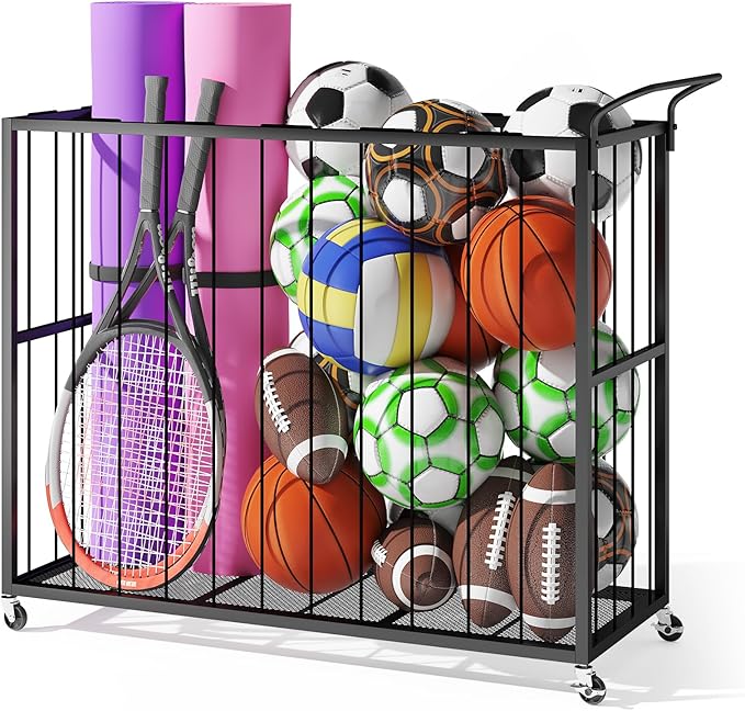 Homsorout Ball Storage Bin Rolling Sports Ball Cart, Metal Garage Organizer Sport Rack, Ball Basket Storage, Ball Cage for Garage or Gym, Indoor & Outdoor Sports Equipment Organizer