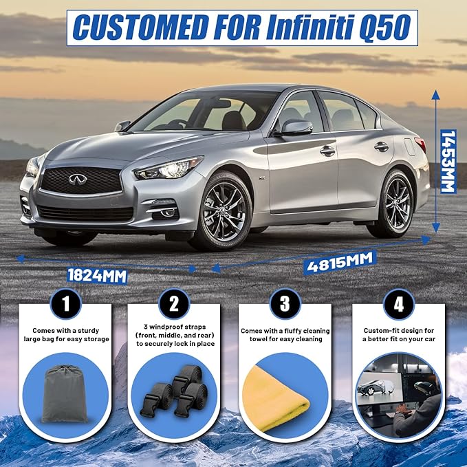 Car Cover Custom Fit for Infiniti Q50 Sedan (2013-2025), Waterproof All Weather for Automobiles Full Exterior Cover Rain Sun Snow UV Protector.