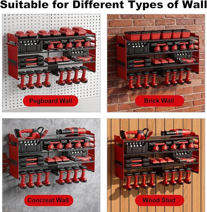 oviitech Large Power Tool Organizer Wall Mount, 8 Drill Holder Wall Mount Loads 400lbs, 4 Layer Heavy Duty Metal Power Tool Storage, Red, Utility Rack for Garage Workshop