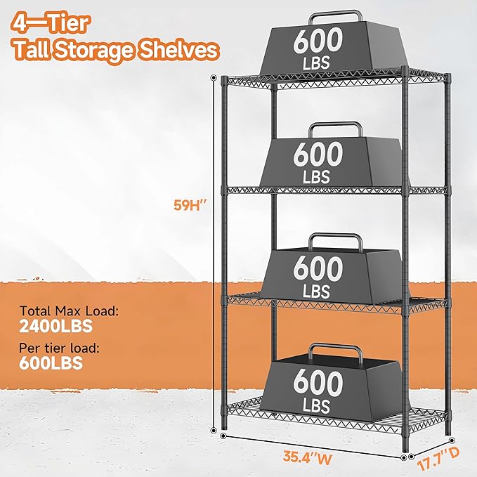 M MZG 2400LBS 35.5" W Standing Shelf Units Wire Rust-Proof Outdoor Storage Shelving 4-Tier Utility Shelving Unit for Garden Home,Kitchen,Office Dark Grey 17.7" D x 35.5" W x 59.4" H