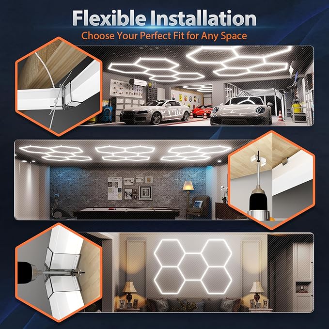 Hexagon Garage Lights: 245W 35 Pack 8 Grids LED Garage Lights - Easy Install 6500K Super Bright Honeycomb Light for Warehouse, Car Detailing Shop, Exhibition Hall, Gym