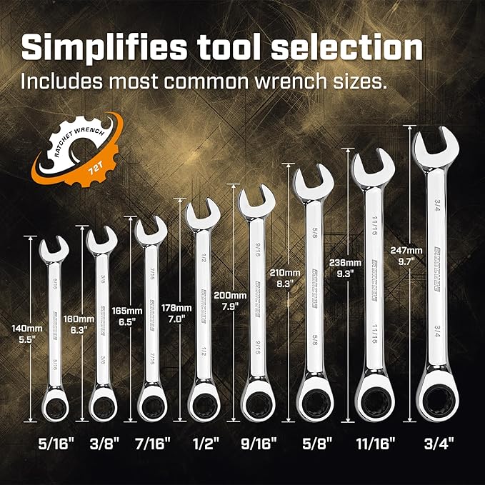 Ratcheting Wrench Set, 8-piece, SAE Wrench Set 5/16" to 3/4", 72-Teeth Gear CR-V Steel Mirror Polished, with Carrying Bag For Auto Repair
