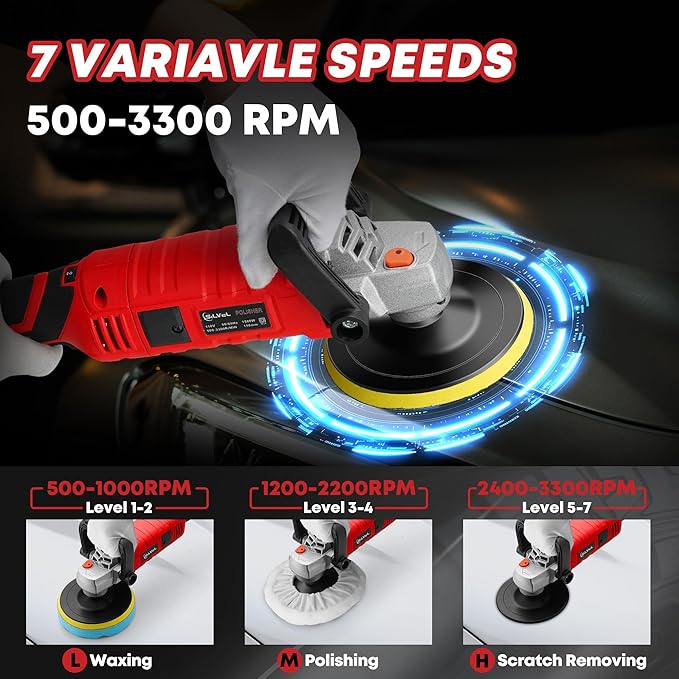 SILVEL Buffer Polisher, 1600W 7 Inch/6 Inch Polisher for Car Detailing, Wax Machine, 7 Variable Speed, with 6 Foam Pads, 3 Wool Pads, Packaging Bag, for Boat Polishing and Waxing