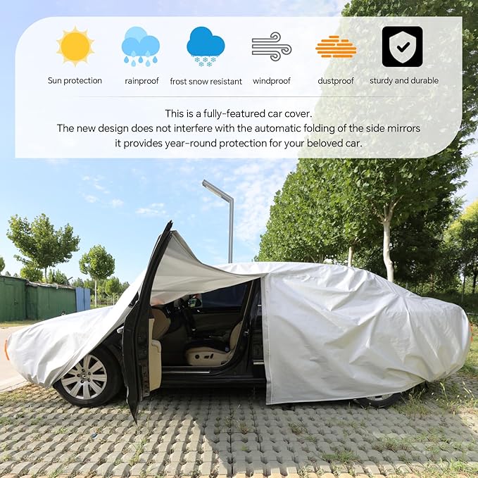 Car Cover Waterproof All Weather fit for Tesla Model 3,Heavy Duty Outdoor Cover with Driver Side Zipper & 3 Windproof Straps – Sun,Rain,Snow,Frost,Dust Resistant