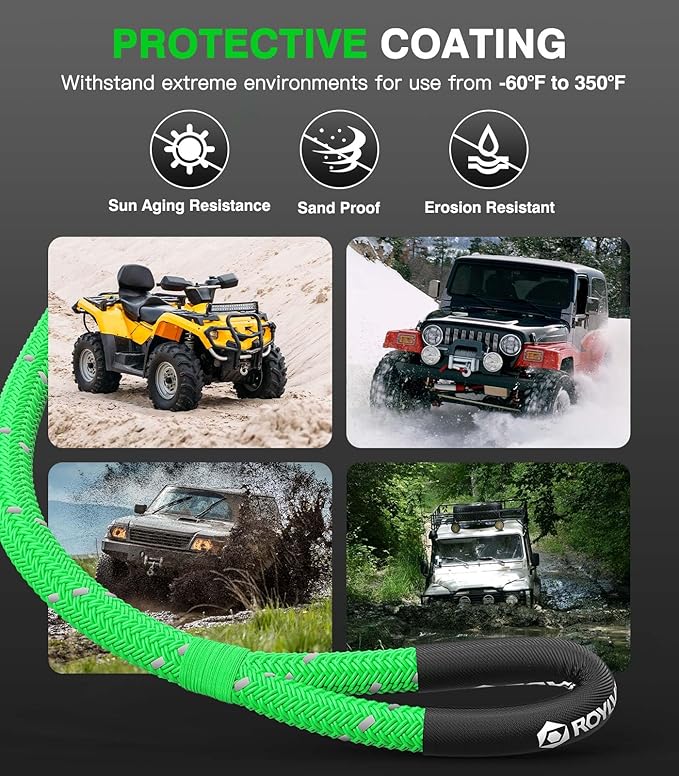 Roylvan 1" x 30ft Kinetic Recovery Tow Rope, 48800 LBS Nylon Tow Strap with 2 Soft Shackles 1/2" x 22", 30% Elasticity Heavy Duty Offroad Towing Straps Kit for Trucks, SUV, Tractor, Fluorescent Green