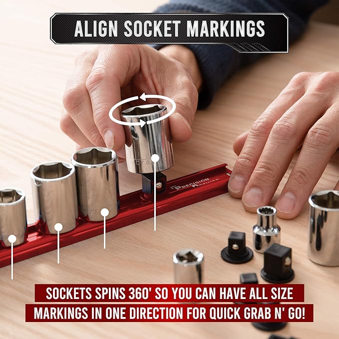 Precision Defined Aluminum Tool Holder | Red Single 1/2-Inch Socket Organizer x 14 Clips | Heavy Duty Rotating Socket Tray