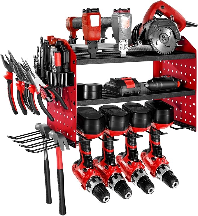 VEVOR Power Tool Organizer Wall Mount, 3-Layer Storage Rack with 4 Drill Holders, Tools Holder and Storage Rack with Side Pegboards, Garage Tool Organizer for Garage, Workbench, and Workshop