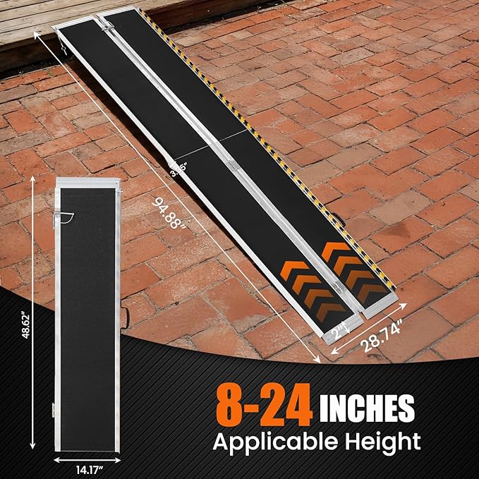 8FT Aluminum Folding Wheelchair Ramp - Heavy Duty 800 lbs Capacity, Portable Ramp for Cars, Stairs, Doorways, Scooters & Home Steps with Non-Slip Surface