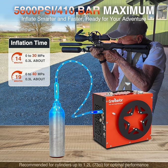 PCP Air Compressor, Max 5800 PSI / 40 MPa,350W High Pressure Portable Pump, Water & Air Cooling, Dual Auto-Stop Gauge, 12V DC & 110V AC, for Air Rifles, Paintball Tanks, HPA Cylinders, Orange