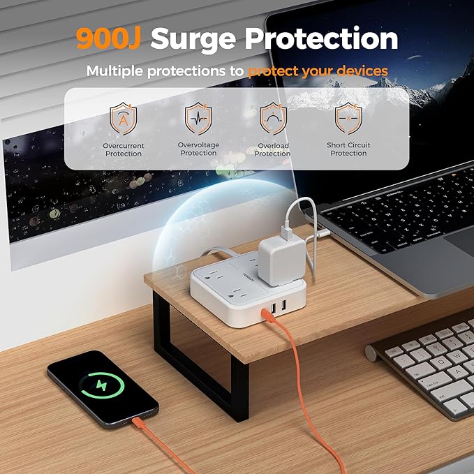 TESSAN Surge Protector Flat Extension Cord 5Ft, Flat Plug Power Strip with 4 Outlets 3 USB Ports (1 USB C), 1875W 15A, 900 Joules Protection, Multiple Wall Outlet Extender Suitable for Home, Grey