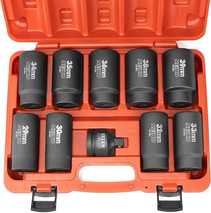NEIKO 02531A 10 Piece 12 Point Socket Set 1/2” Drive, Lug Nut Remover, Spindle Nut Socket, Axle Nut Socket Set, Metric 29-39mm Socket 1/2 Drive Impact Set, Cr-Mo Impact Adapter, 3/4" -1/2” Reducer