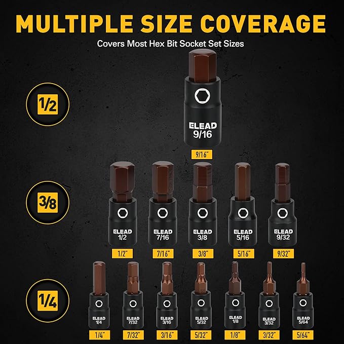 16-Piece SAE Hex Bit Impact Socket Set - Premium S2 Steel 5/64"-9/16" Allen Socket Set with Socket Adapters, 1/4”, 3/8” and 1/2” Drive | Professional Mechanic Garage Tools