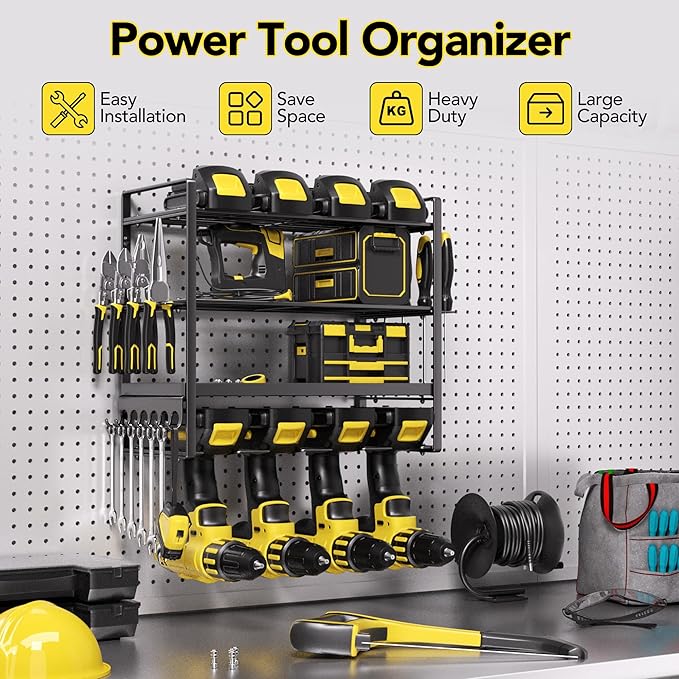 Power Tool Organizer, Metal 4 Layer Heavy Duty Drill Holder, 4Tier Wall Mount Garage Tool Organizers and Storage with Screwdriver/Pliers/Hook Holder,Red Utility Racks gifts for men
