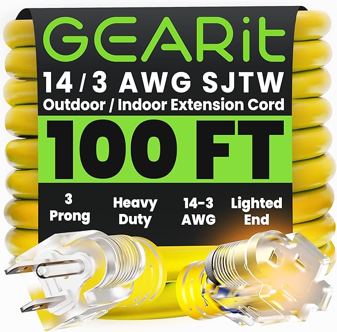 GEARit 100 Ft Extension Cords 14/3 Gauge Outdoor/Indoor SJTW 14 AWG 3 Prong Heavy Duty Power Cable 13A 125V 1625W for Lawn, Garden, Appliances Yellow