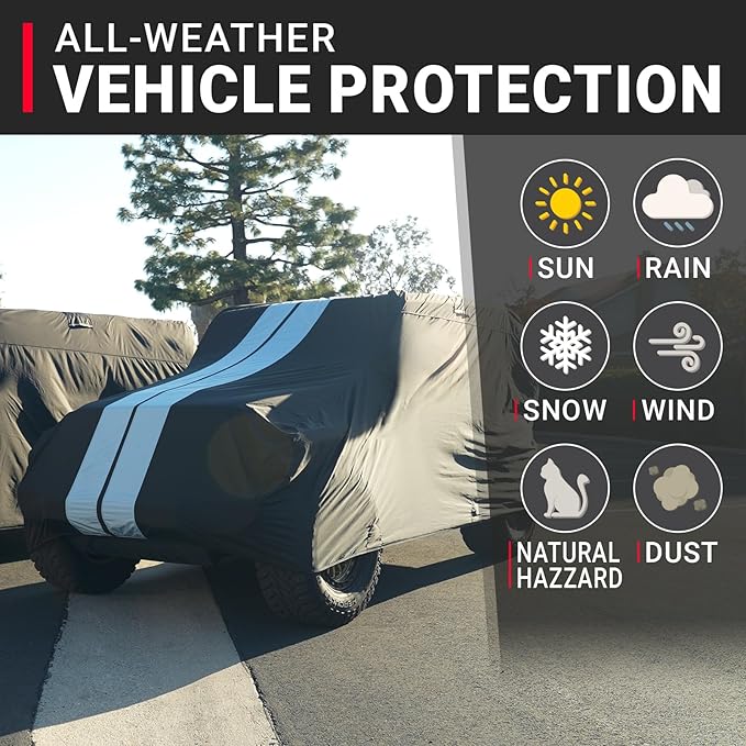 iCarCover Premium Plus SUV Car Cover Waterproof All Weather Rain Snow UV Sun Protection, Venue, Kia Soul, XB, Defender 90, Tracker 4-Door, Samurai, Size S59 (See Size Chart) Stripe - Black/Gray