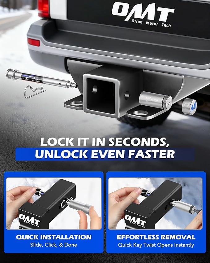 Orion Motor Tech Locking Hitch Pin, Fits 2" & 2.5" Receiver with 5/8" Diameter Hitch Pin Lock, Anti-Theft Steel Hitch Pin Lock with Key for Class III IV, Anti-Rattle Trailer Hitch Pin, Silver