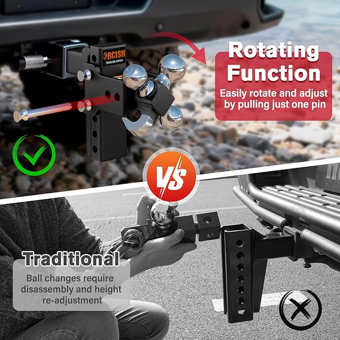 ORCISH Adjustable Rotating Trailer Hitch, 4-in-1 Tri-Ball & Tow Hook, 360° Swivel Ball Mount, 2.5" Receiver with 5" Drop/Rise, Ball Sizes: 1-7/8", 2", 2-5/16", Anti-Theft Lock, Fits Truck SUV RV