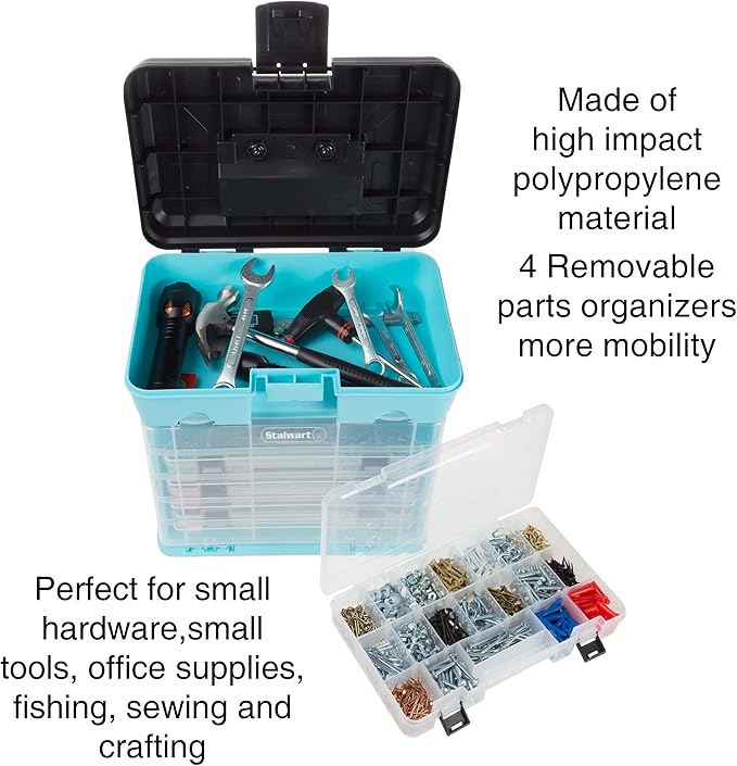 Portable Tool Box - Small Parts Organizer with Drawers and Customizable Compartments for Hardware, Tackle, Beads, or Crafts by Stalwart (Light Blue)
