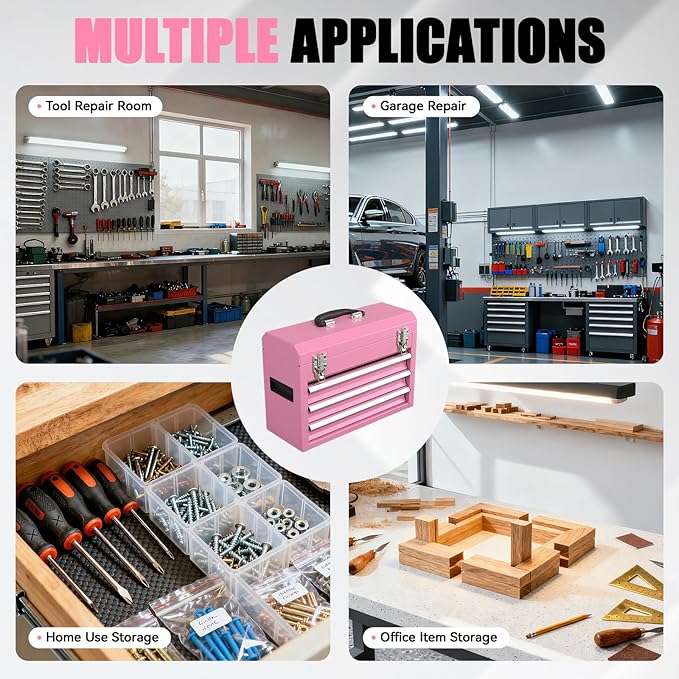 3-Drawer Tool Box, Tool Storage Cabinet, Tool Chest and Locking Mechanism, Metal Tool Cart for Garage Workshop and Room Use (Pink)
