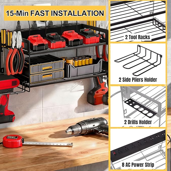 Power Tool Organizer Wall Mount, 2 Layers Heavy Duty 4 Cordless Drill Holder Tool Storage Rack with 8 Power Strip Battery Charging Station,Pliers Screwdrivers Organizer for Garage, Workshop,Tool Room