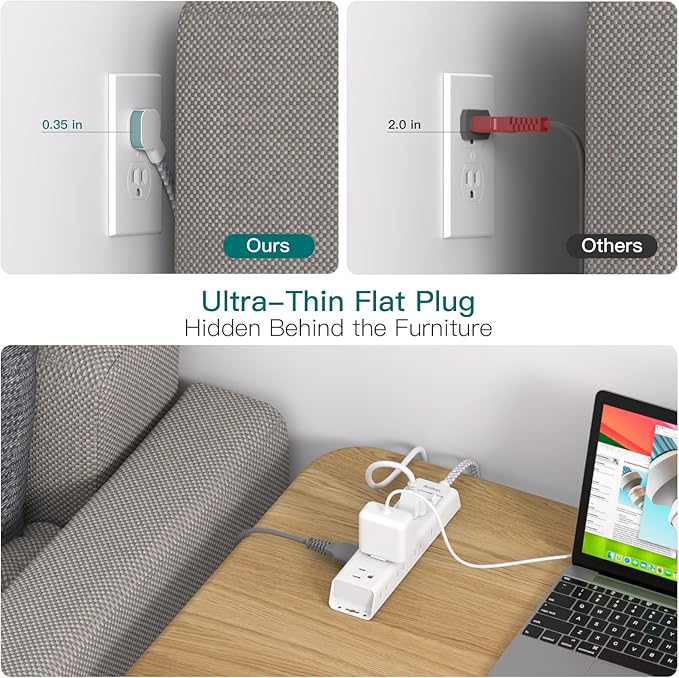 Extension Cord with Multiple Outlets - Addtam Power Strip with 12 Widely AC 3 Sides, 5Ft Extension Cord, 1050J Surge Protector, Wall Mount, Desk Charging Station for Home Office Dorm Room Essentials