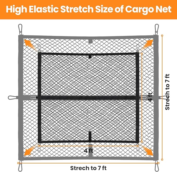 Truck Bed Net, Highly Elastic Cargo Net for Pickup Truck Bed, Stretchable Mesh Organizer for Pickup Trunk Bed, Suitable for Daily Light Loads of Trucks, 4'x4’ Stretches to 7‘x 7’