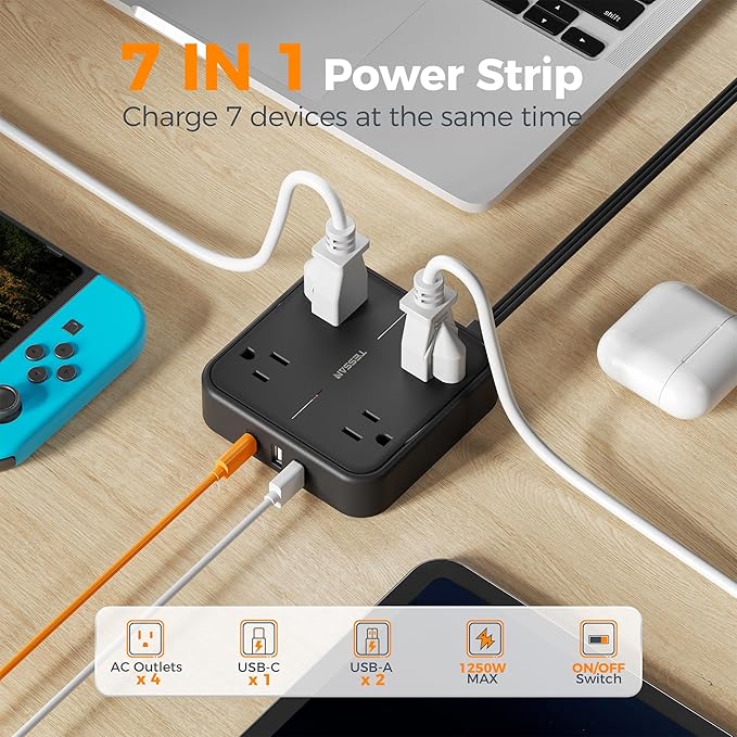 TESSAN Surge Protector Flat Extension Cord 10Ft, Flat Plug Power Strip with 4 Outlets 3 USB Ports (1 USB C), 900 Joules Protection, Multiple Wall Outlet Extender Suitable for Home Office Dorm, Black