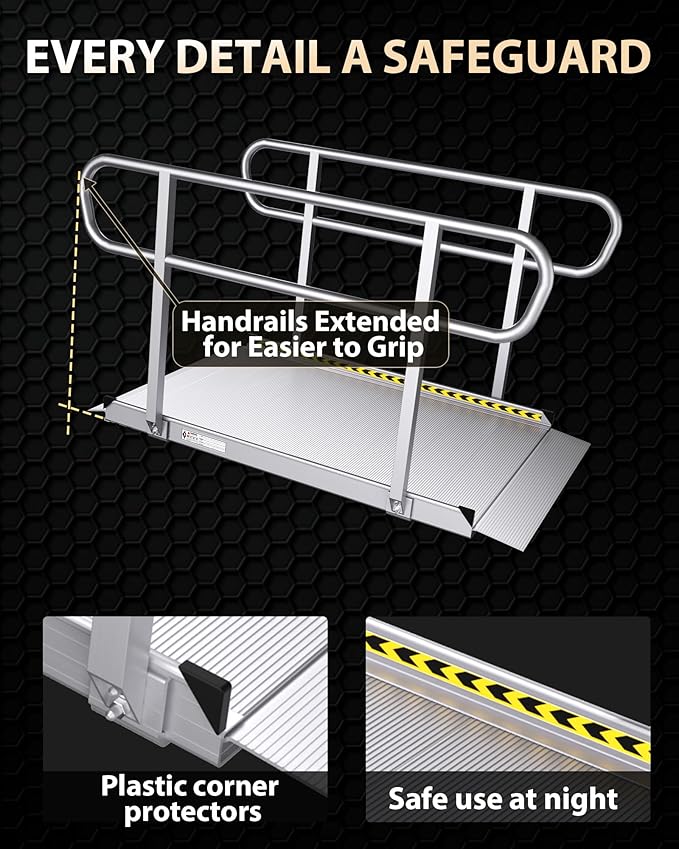 FACHNUO Upgraded 1600 lbs Capacity Wheelchair Ramp with Handrails, 5 FT Portable Ramp for Wheelchairs for Home, Handicap Ramp for Home Steps, Stairs, Home Entry, Doorways, Threshold,Scooters, Walkers
