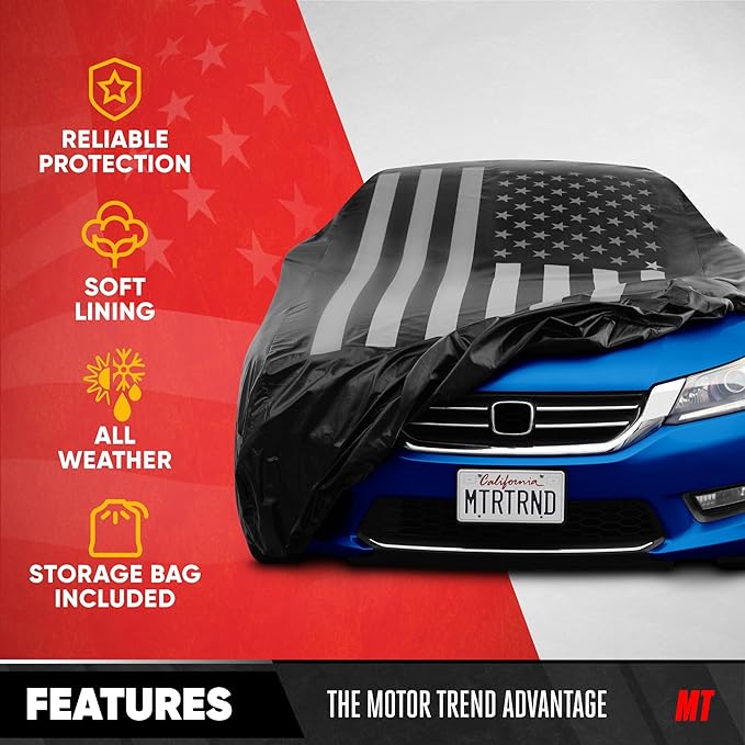 Motor Trend Black USA Flag Waterproof Car Cover - All Weather Outdoor Protection, UV Resistant, Windproof, Scratchproof - Semi-Universal Fit Sedan Full Car Cover for Sun Rain Snow (171”- 190” Length)