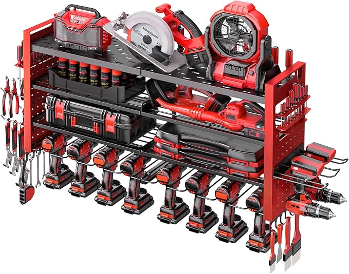 Heavy Duty Power Tool Organizer Wall Mount,Garage Organization with 10 Drill Holder, 4 Layers Tool Organizers and Storage for Workshop,Red
