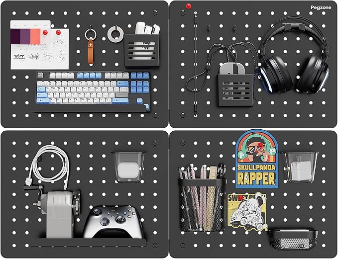 PEGZONE Pegboard Wall Organizer Combination Kit,Overall 33.1"x25.4" Metal Office Pegboard with 21 Accessories, Wall Mounted Peg board Display Panels for Home, Gaming Room, Garage (4Pcs,Black)