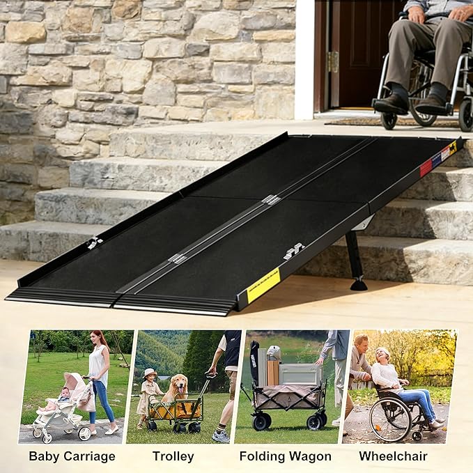 7FT Portable Wheelchair Ramp with Sopport Legs, Black Seamless Non-Slip Aluminum Folding Handicap Ramp,Threshold Ramp for Doorways, Wheel Chair Ramp for Home Steps