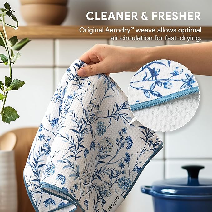 RECYCO Waffle Kitchen Towel Set of 2 - Quick Dry Microfiber Sustainable Dish Towels - Ultra Absorbent Reusable Cleaning Tea Towels - Lightweight Hand Towels,16”x 28”, Stormy Blue