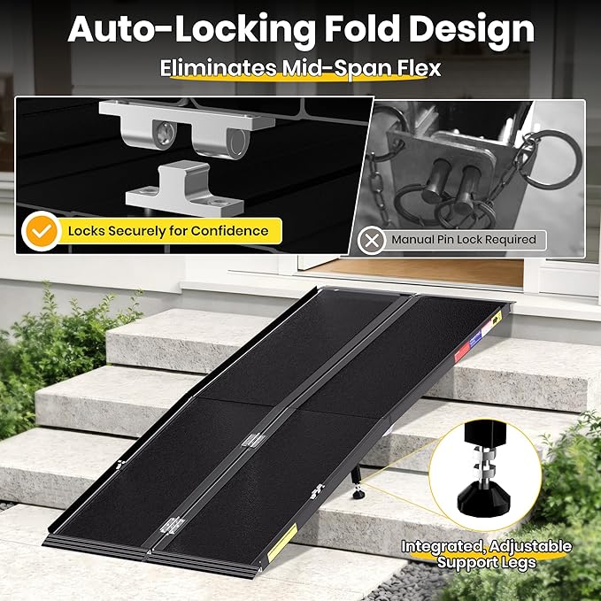 8FT Portable Wheelchair Ramp with Quick-Lock, Black Seamless Non-Slip Aluminum Folding Handicap Ramp,Threshold Ramp for Doorways, Wheel Chair Ramp for Home Steps