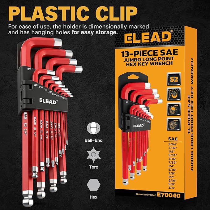 ELEAD Jumbo Hex Key Allen Wrench Set | 13-Piece SAE 5/64"-3/4" | Long Ball End Durable S2 | 4" - 13.5" Long | Automotive | Mechanic | Furniture | Professional Grade Tools